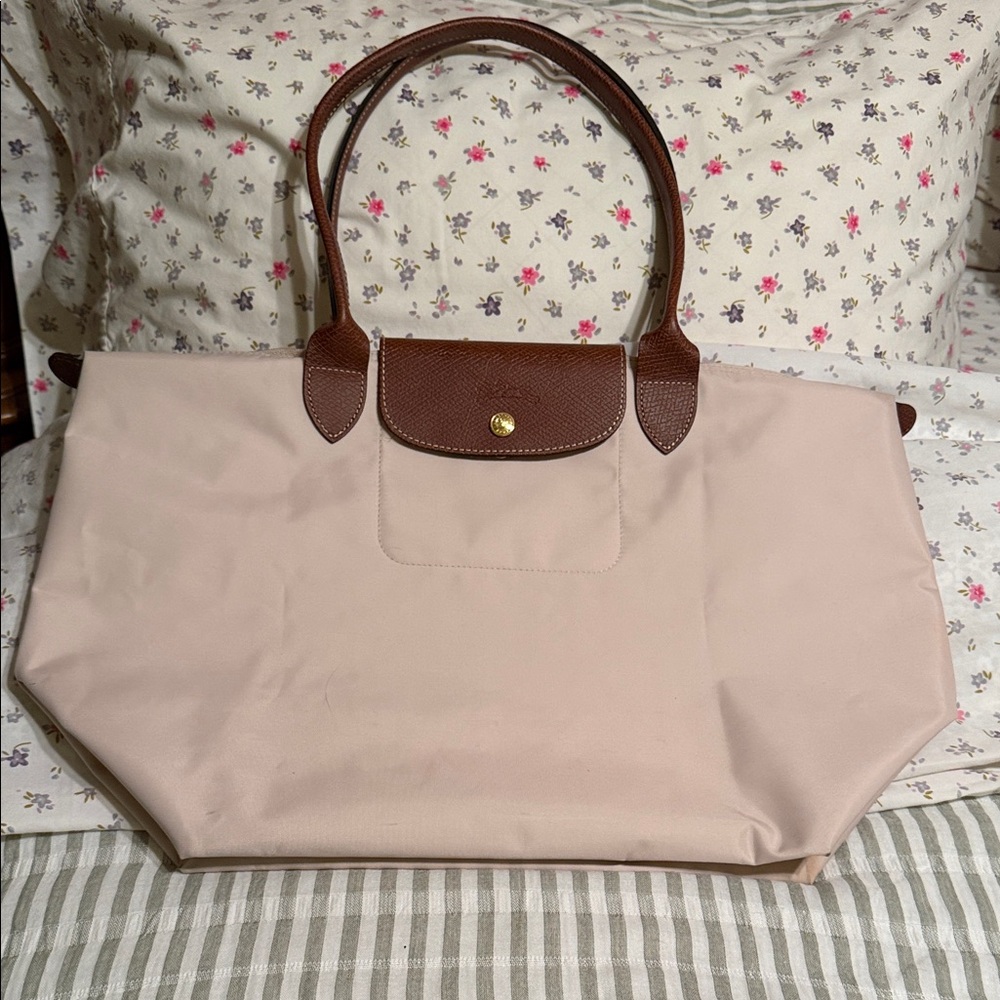 Longchamp Light Pink Tote with Brown Leather Trim